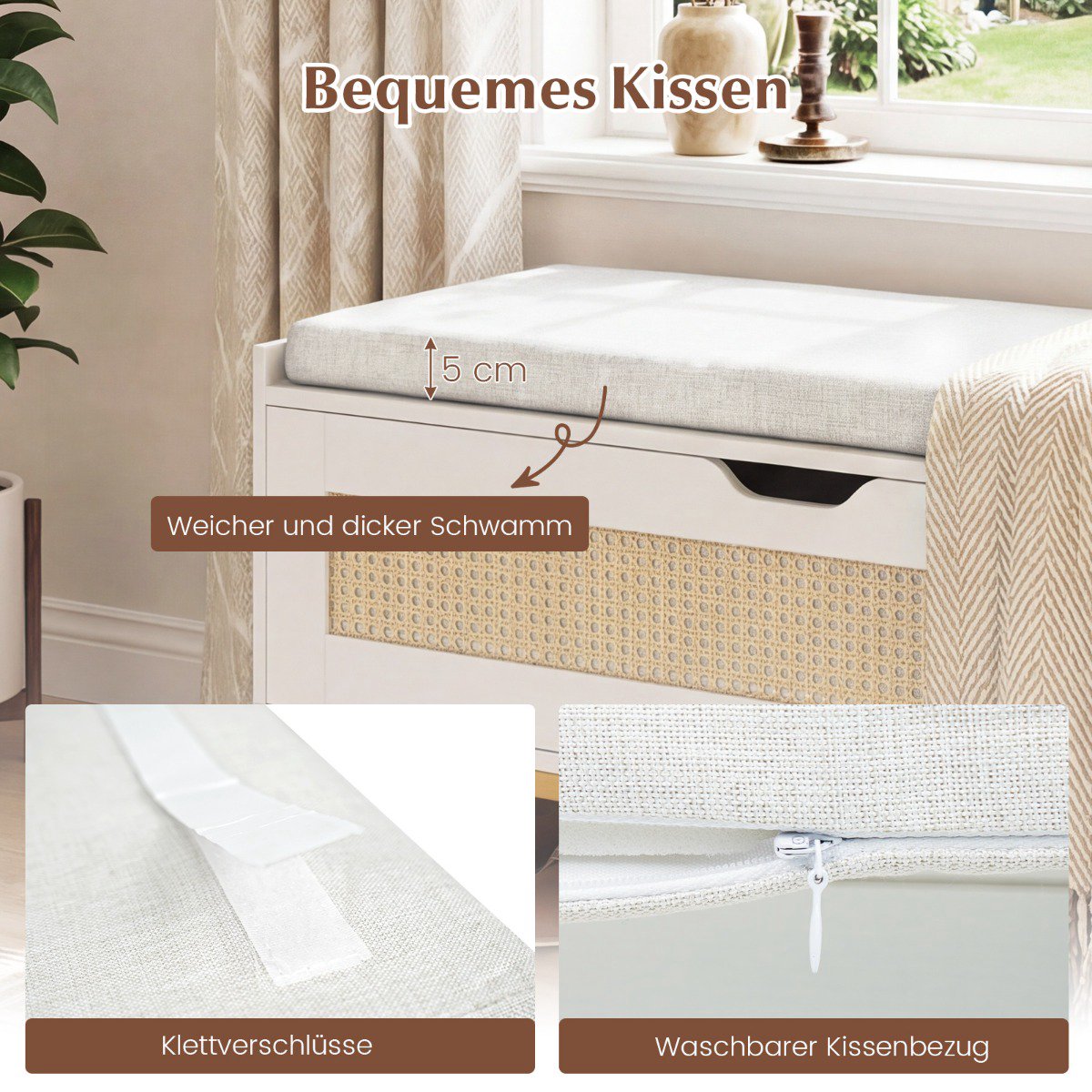Rattan Shoe Bench with Padded Seat, 200kg Capacity, White