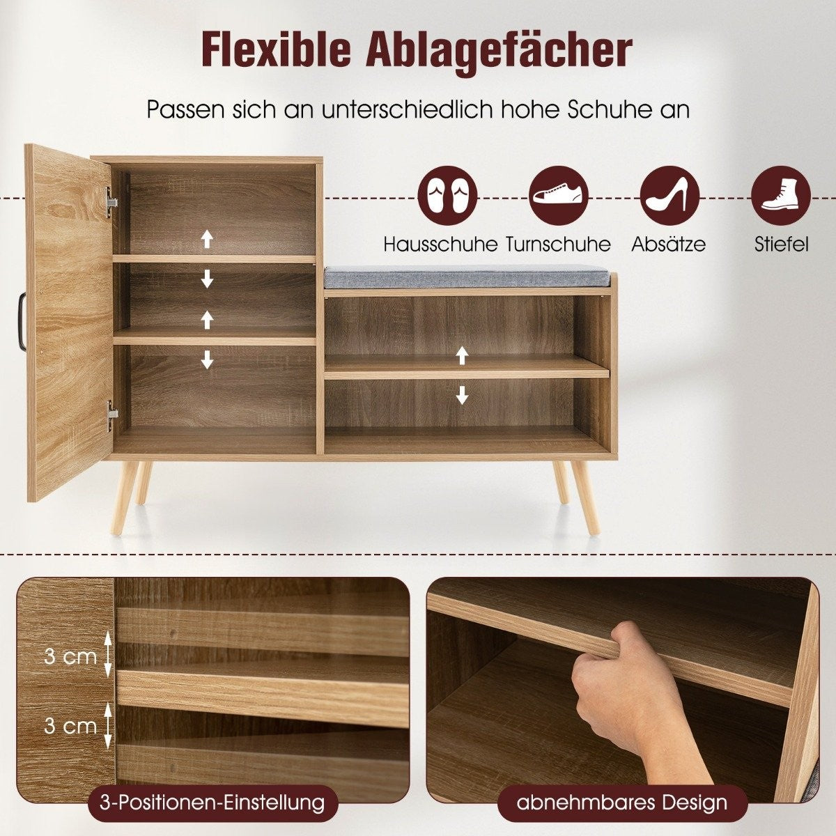 Rattan Shoe Cabinet with Bench 2-in-1 Shoe Changing Bench with 3 Adjustable Shelves 105 x 35 x 76 cm Natural