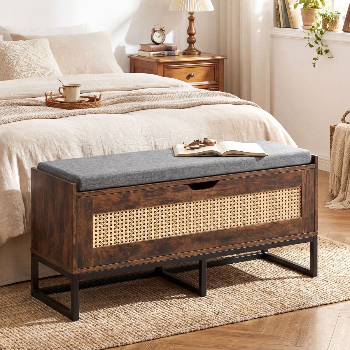 Rattan Shoe Storage Bench With Upholstered Seat, 100 cm