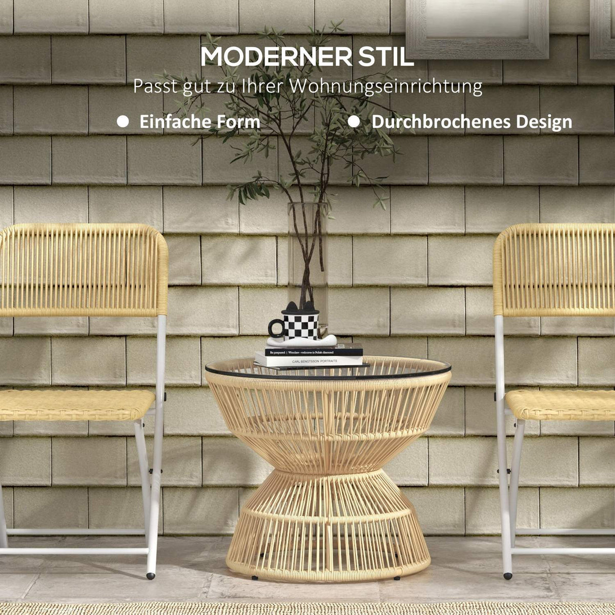Rattan Side Table, Ø60 Cm, Coffee Table, Garden Table With Tempered Glass Table Top, Balcony Table In Boho Design, Coffee Table, Natural Wood