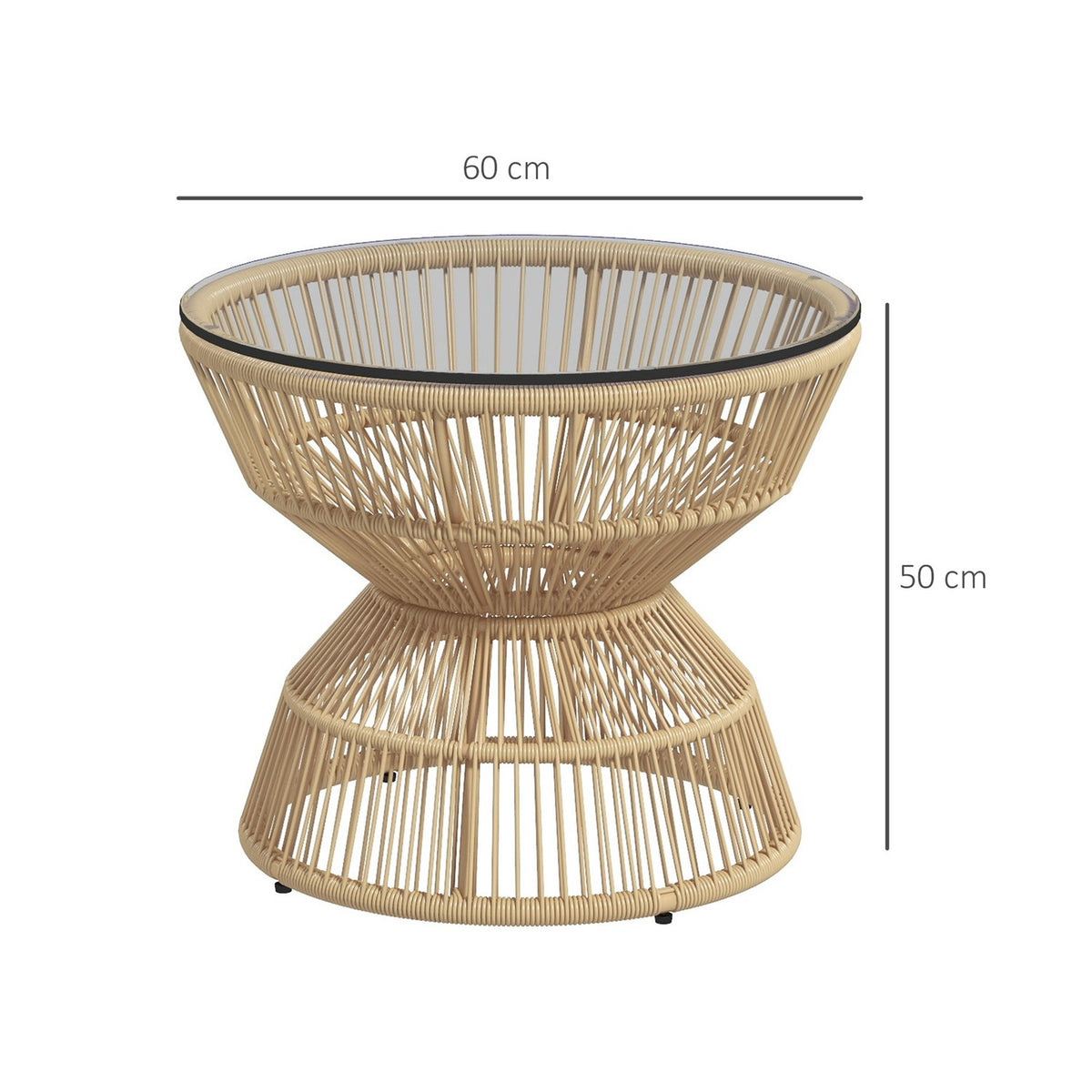 Rattan Side Table, Ø60 Cm, Coffee Table, Garden Table With Tempered Glass Table Top, Balcony Table In Boho Design, Coffee Table, Natural Wood
