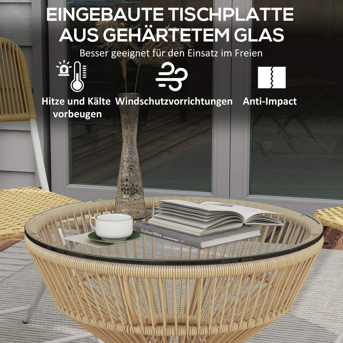 Rattan Side Table, Ø60 Cm, Coffee Table, Garden Table With Tempered Glass Table Top, Balcony Table In Boho Design, Coffee Table, Natural Wood