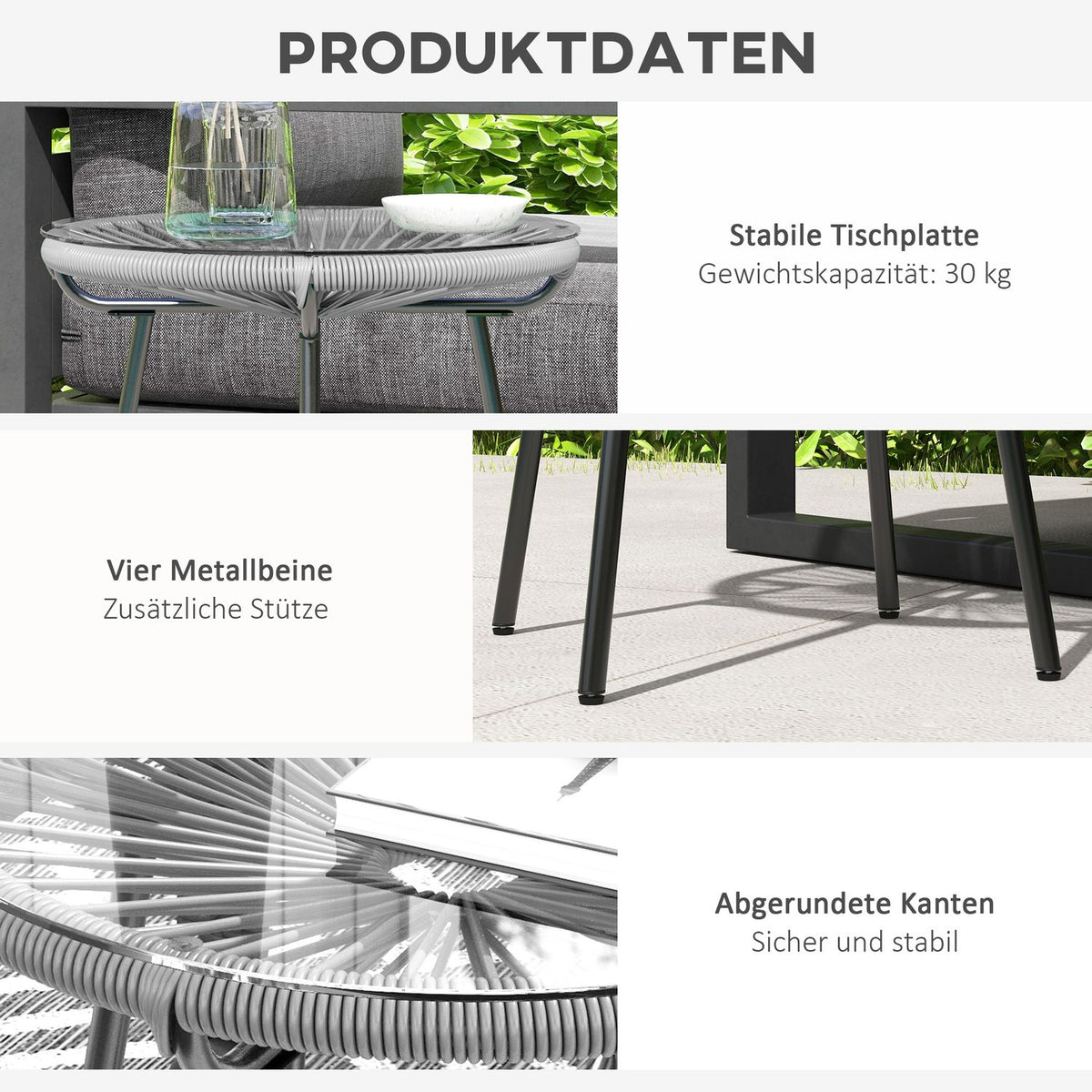 Rattan Side Table, Bistro Table, Coffee Table With Glass Table Top, Round, For Terrace, Balcony, Black + Gray, 50X50X50Cm