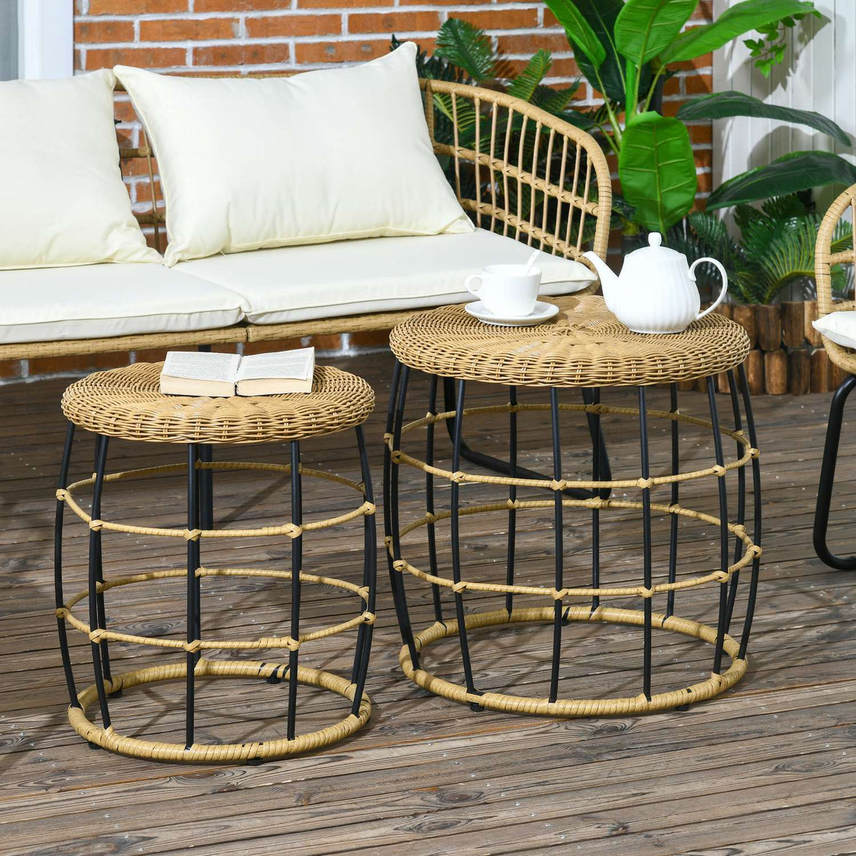 Rattan Side Table Set Of 2 Coffee Table Stackable Khaki Garden Balcony