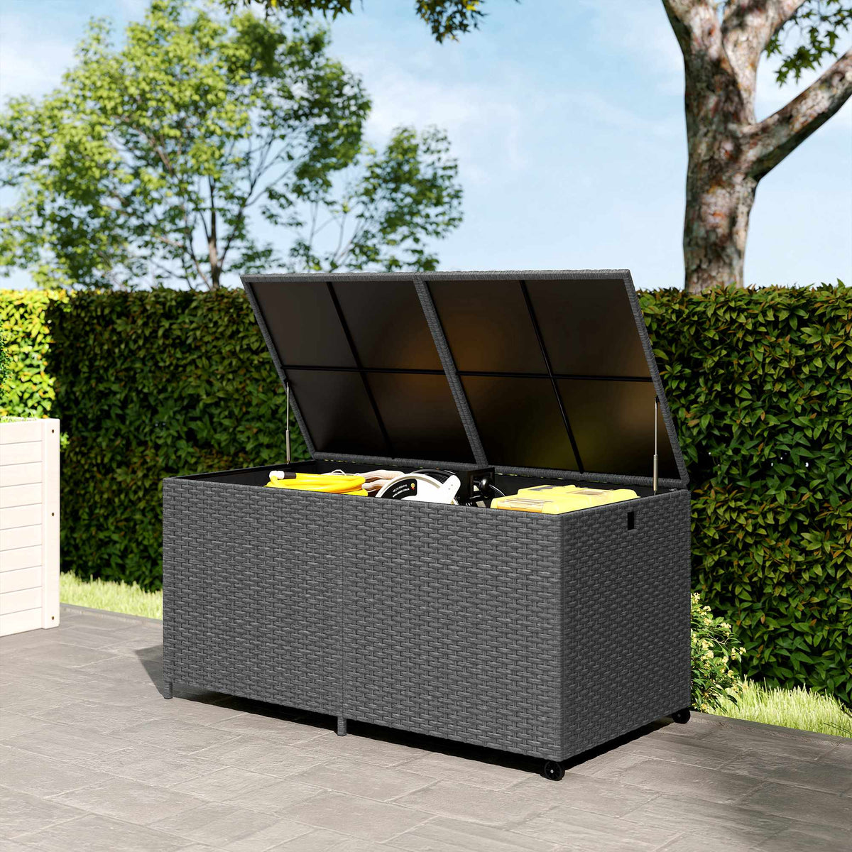 Rattan Storage Box 650L, Waterproof, UV-Resistant, Dark Grey
