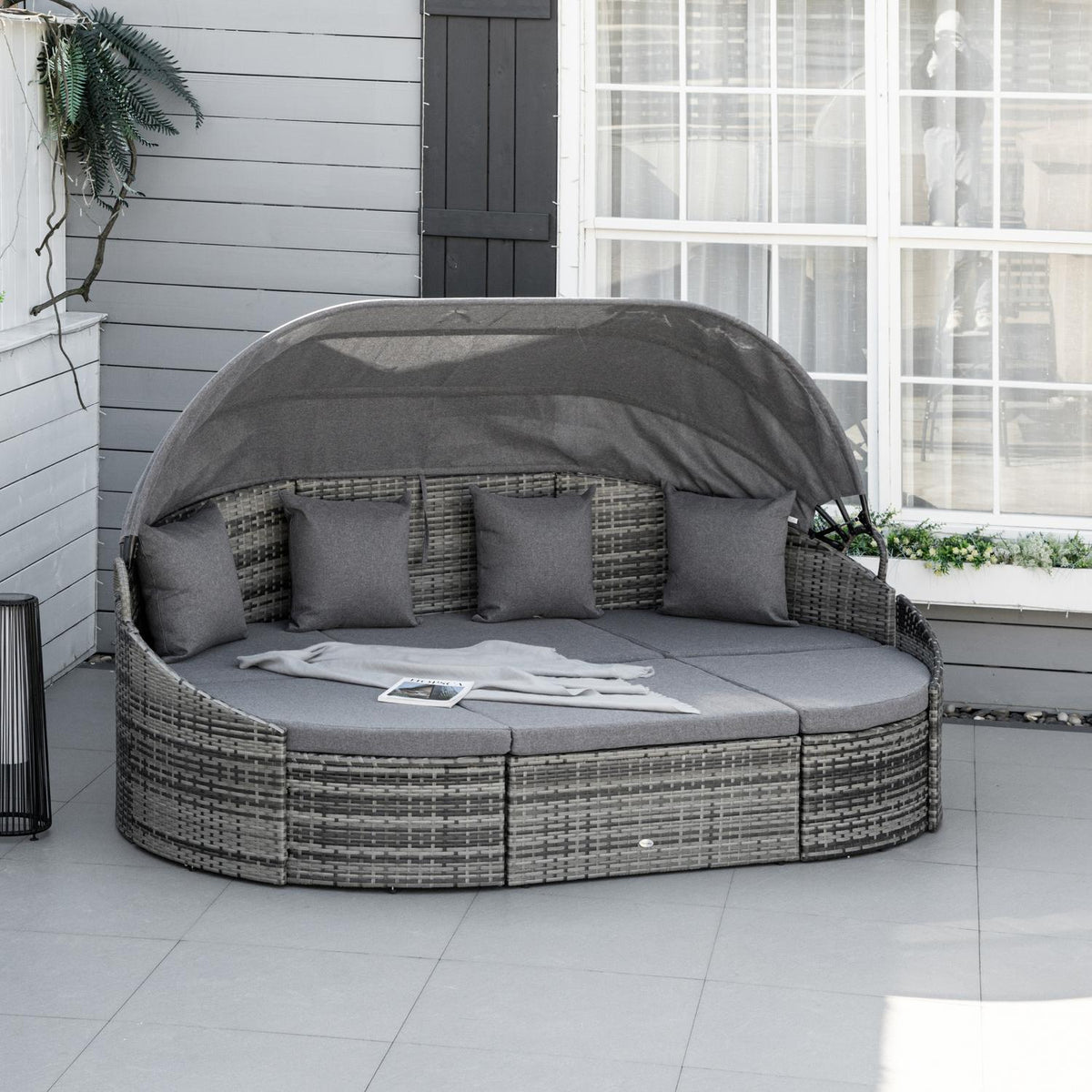 Rattan Sun Island 4-Part Lounger Island With Sun Canopy Seating Group 4 Cushions Metal Gray 230 X 145 X 80 Cm