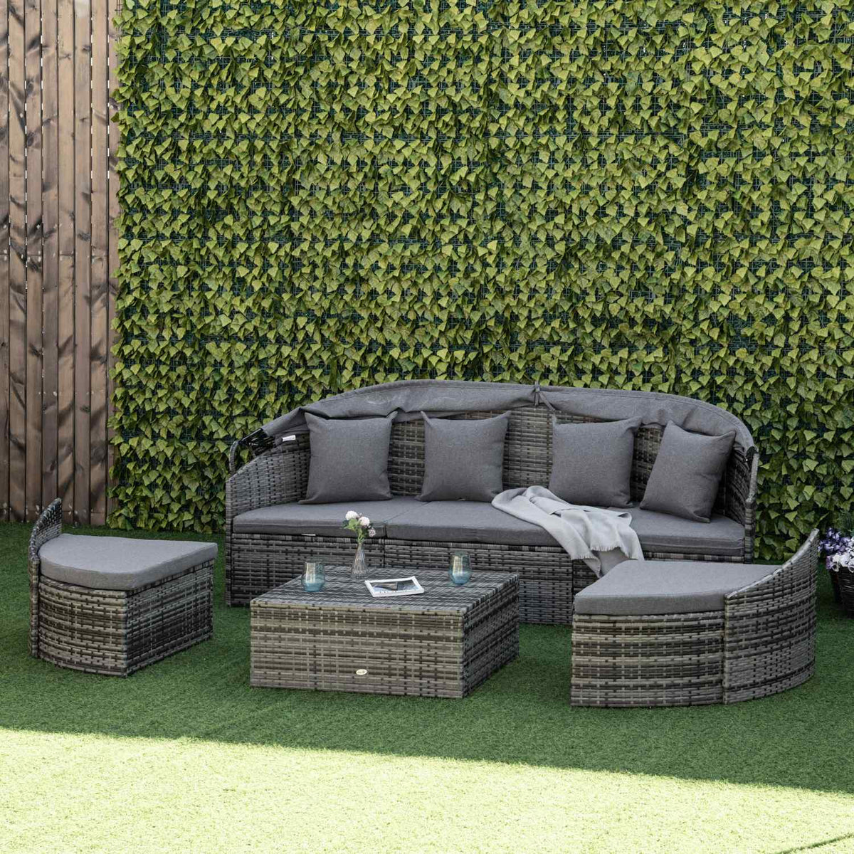 Rattan Sun Island 4-Part Lounger Island With Sun Canopy Seating Group 4 Cushions Metal Gray 230 X 145 X 80 Cm
