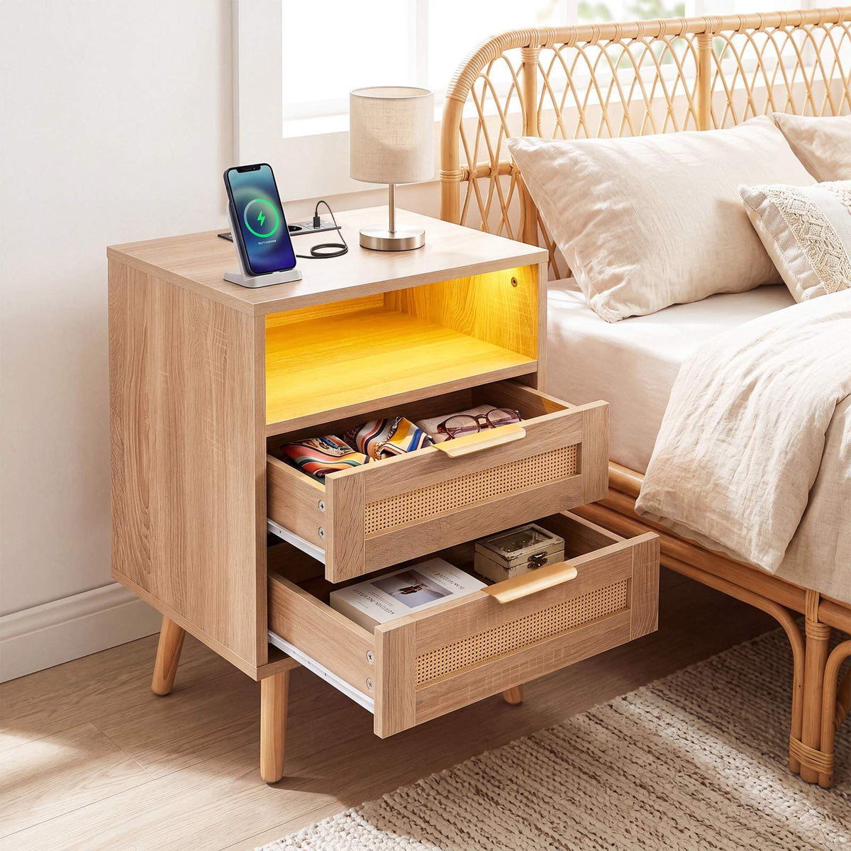 Rattan Wood Nightstand with LED, 2 Drawers, USB Ports