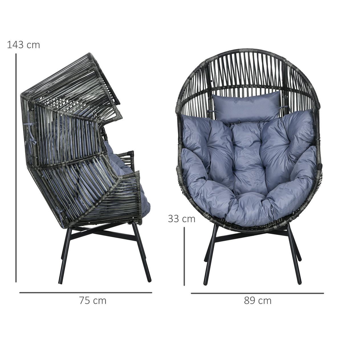 Rattan chair, rattan wicker chair with thick seat cushion, garden chair in egg shape, load capacity 120 kg, for patio, garden, gray