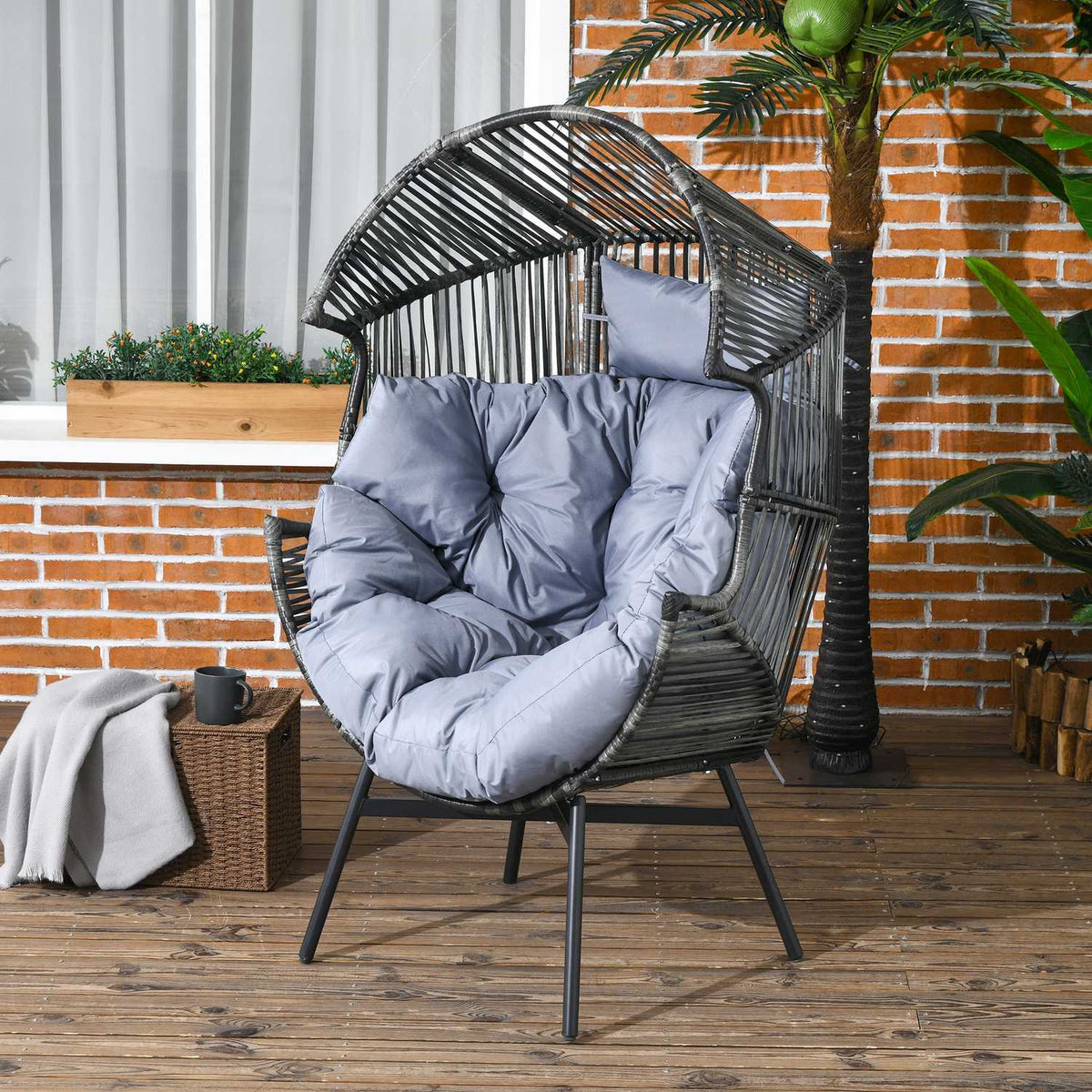 Rattan chair, rattan wicker chair with thick seat cushion, garden chair in egg shape, load capacity 120 kg, for patio, garden, gray