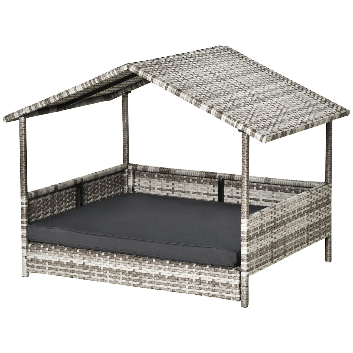 Rattan dog house with cushion, house-shaped dog bed, outdoor dog house, steel frame, plastic, gray, 69 x 98 x 70 cm