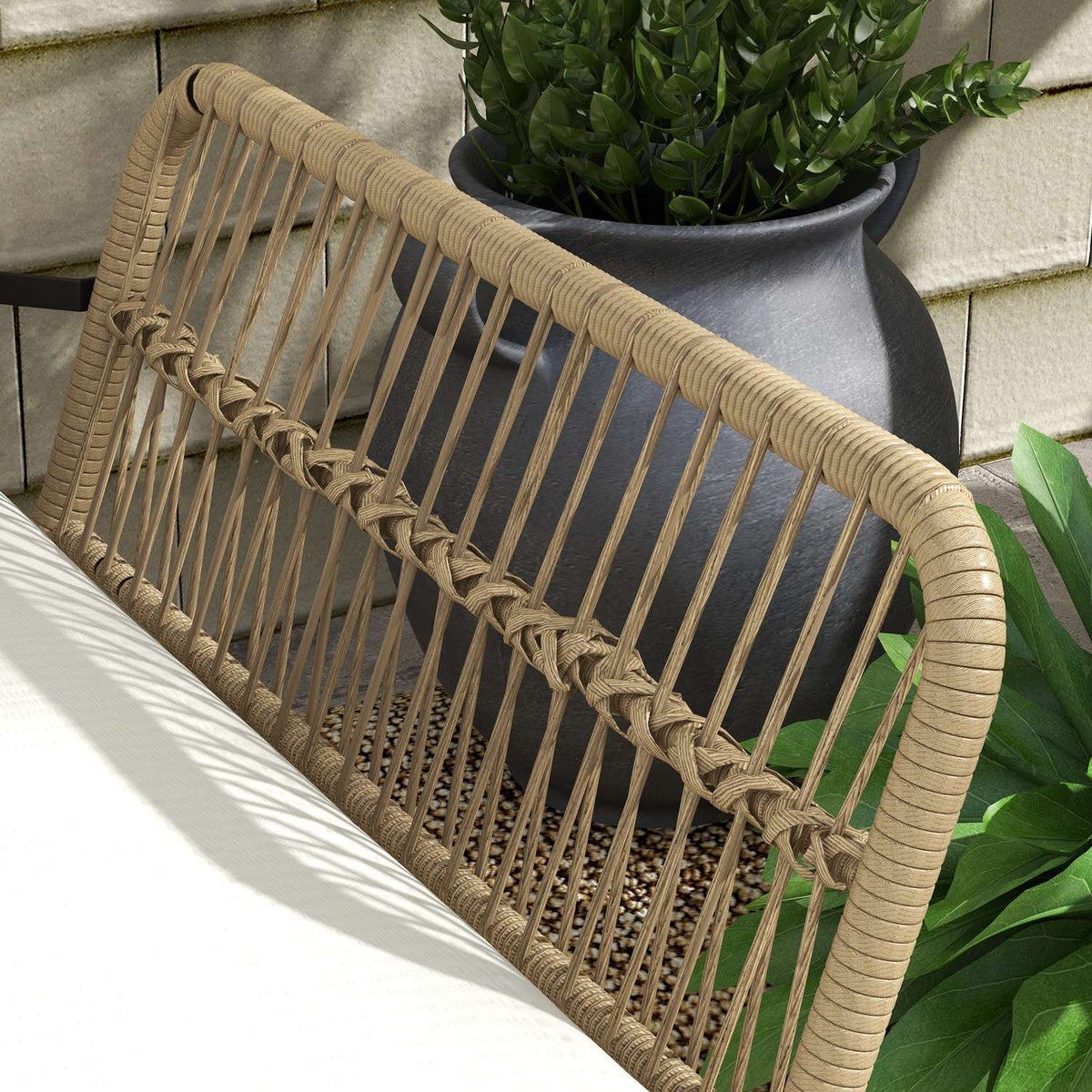 Rattan garden furniture set with deck chair, coffee table, two-seater and cream seat cushion for terrace and balcony