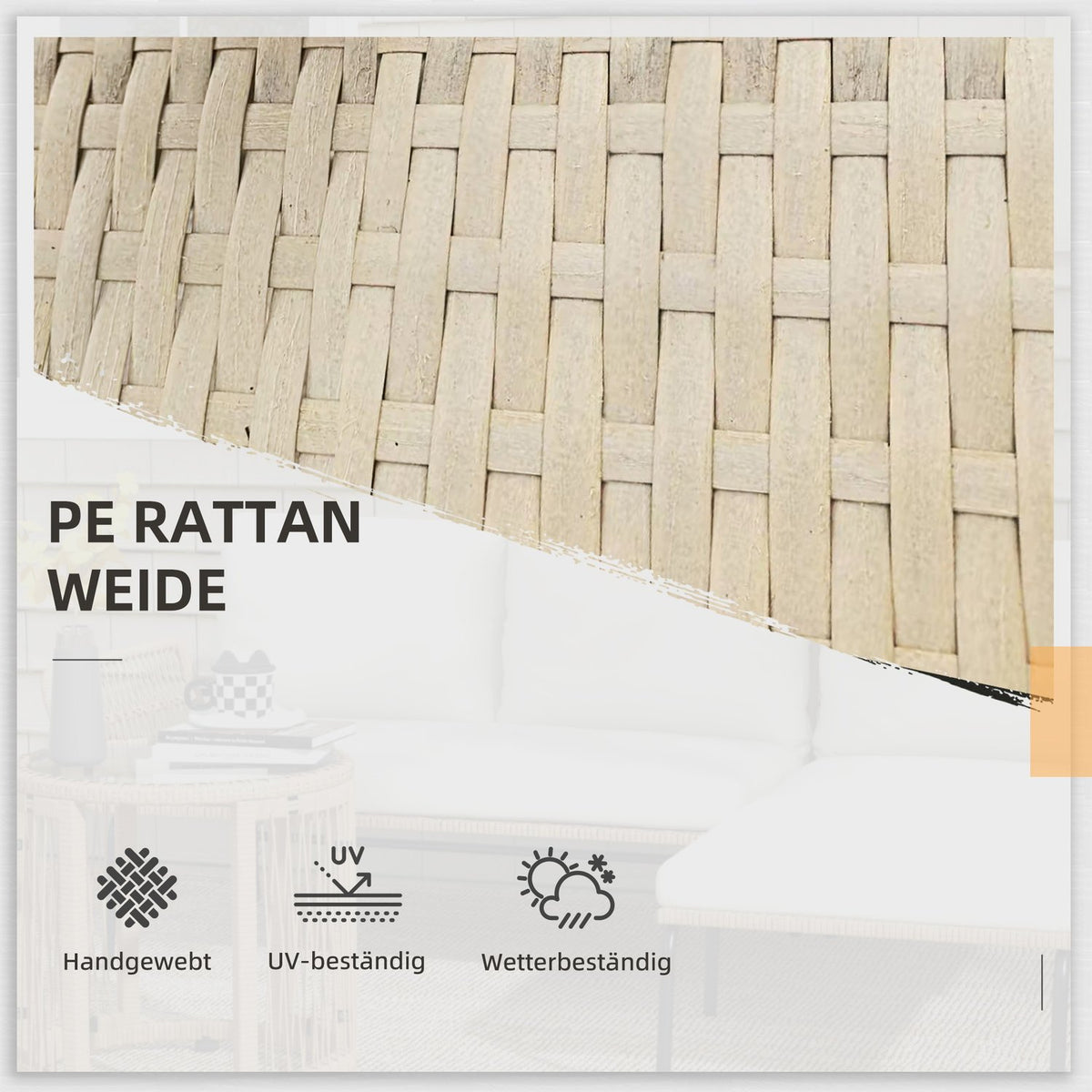 Rattan garden furniture set with deck chair, coffee table, two-seater and cream seat cushion for terrace and balcony