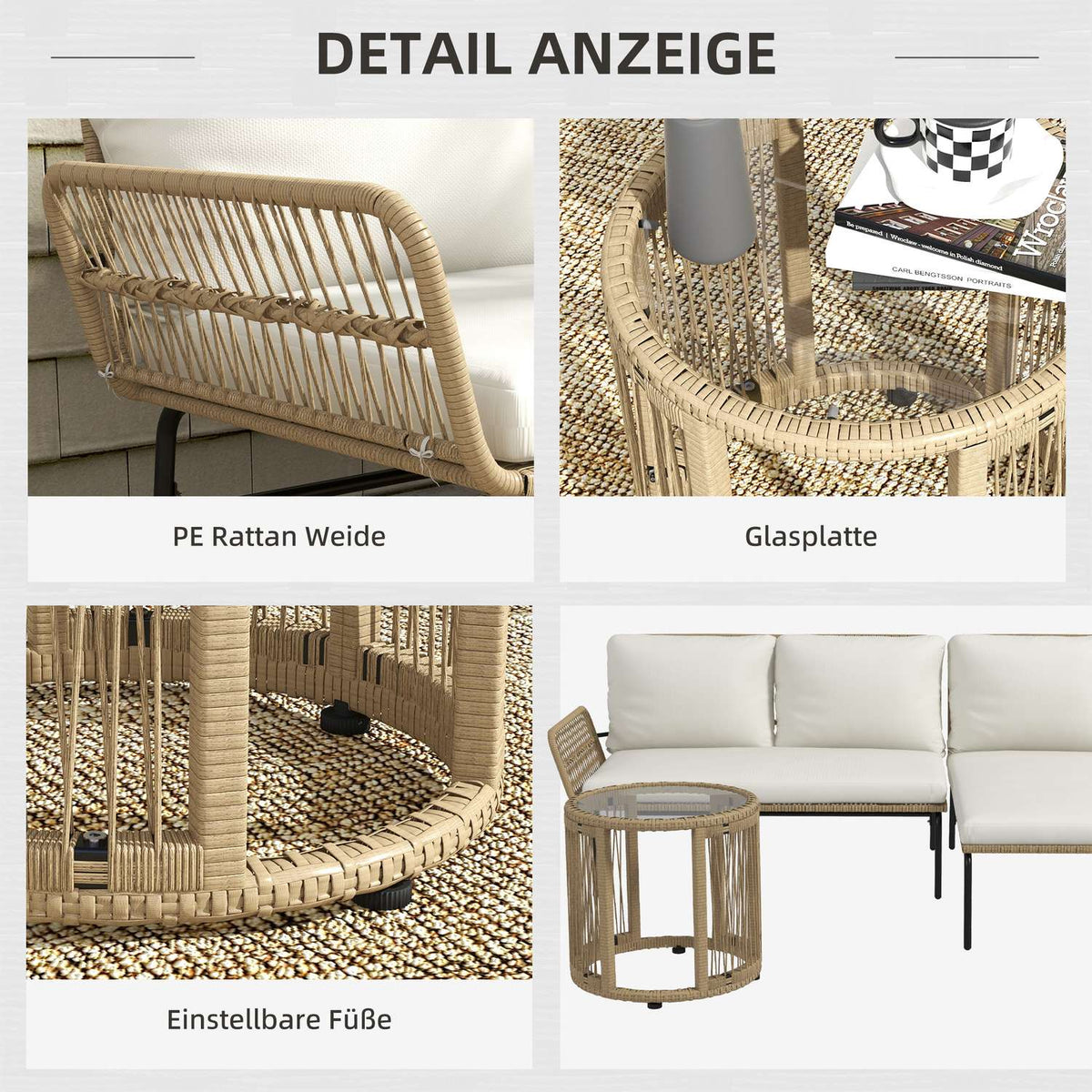 Rattan garden furniture set with deck chair, coffee table, two-seater and cream seat cushion for terrace and balcony