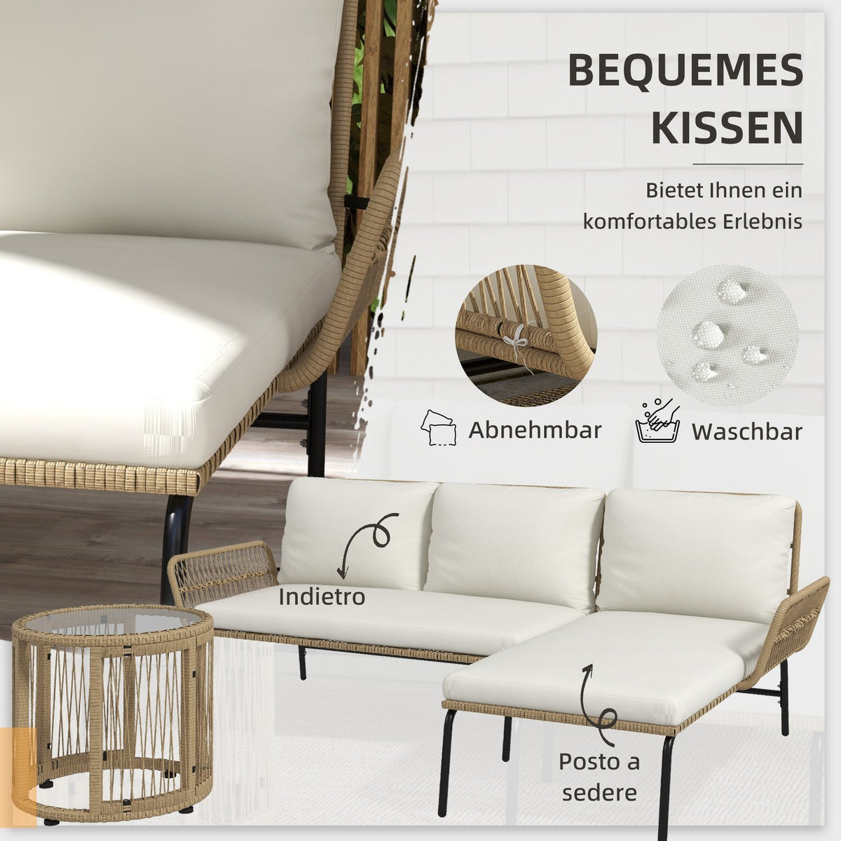 Rattan garden furniture set with deck chair, coffee table, two-seater and cream seat cushion for terrace and balcony