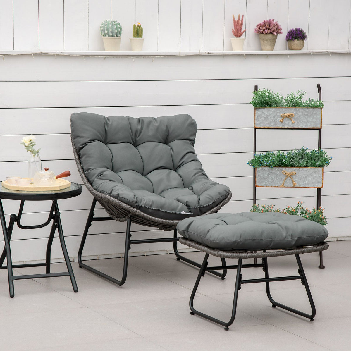 Rattan relaxation chair with footstool garden chair outdoor rattan chair with cushions, steel & polyester, gray 69x76x70 cm for garden & terrace |