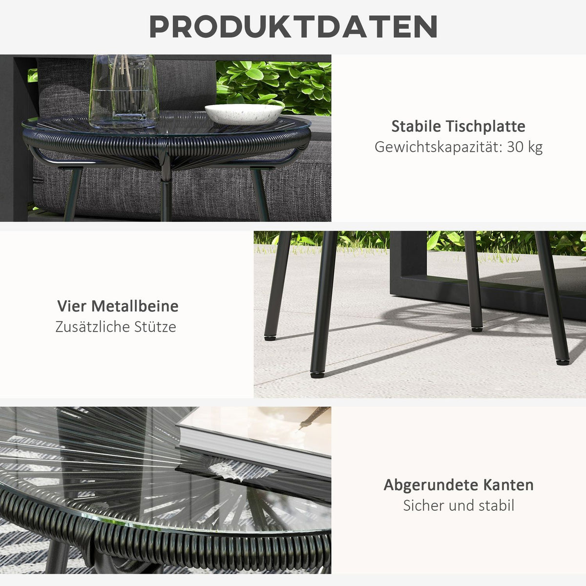 Rattan side table, bistro table, coffee table with glass table top, round, for terrace, balcony, black, 50x50x50cm