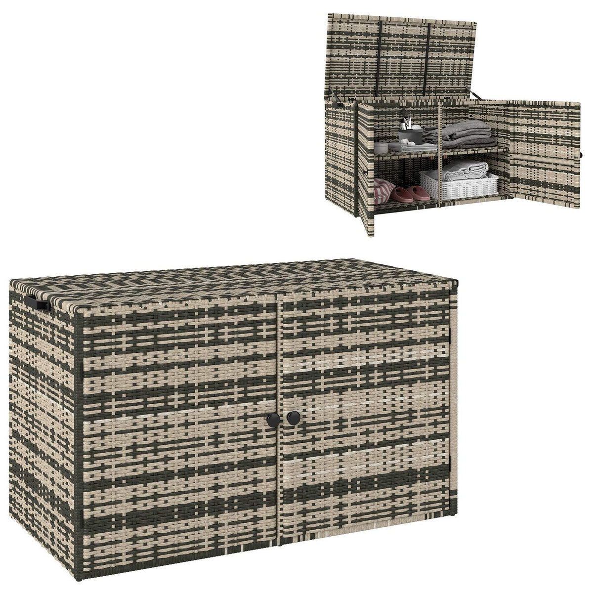 Rattan storage box 350L 2-level weatherproof cushion box with lid lifting rods carrying handles UV-resistant garden box storage box garden chest for garden patio balcony 118x57x69 cm mixed gray |