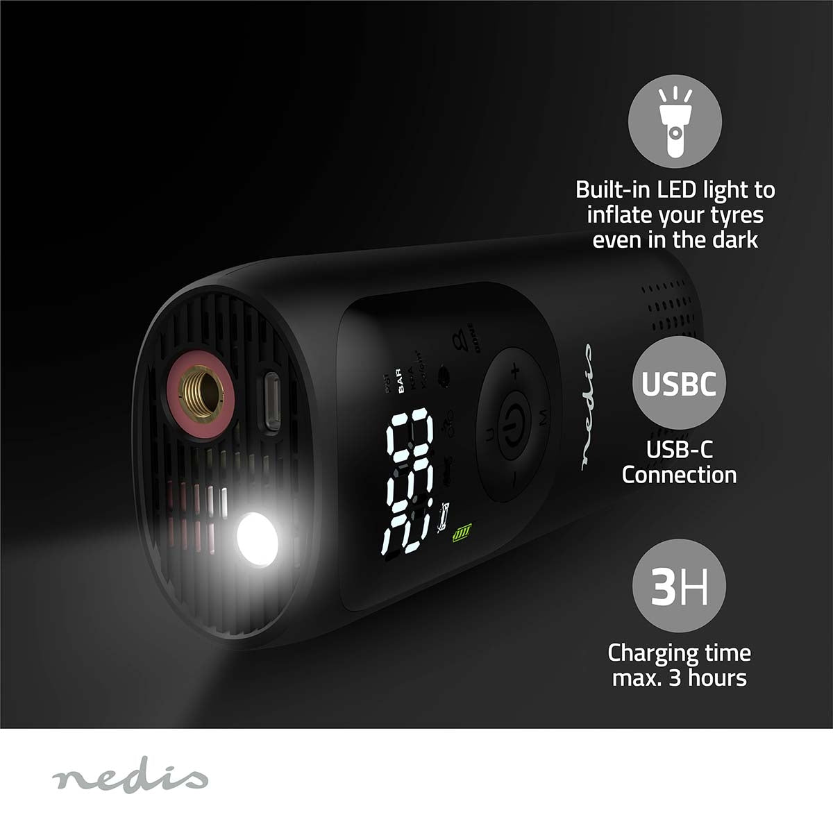 Rechargeable Air Compressor | 0.1 - 10.3 Bar | Dunlop Valve | Operation modes: Car / Motorbike / Bycicle / Ball | Yes | Air Pressure Meter