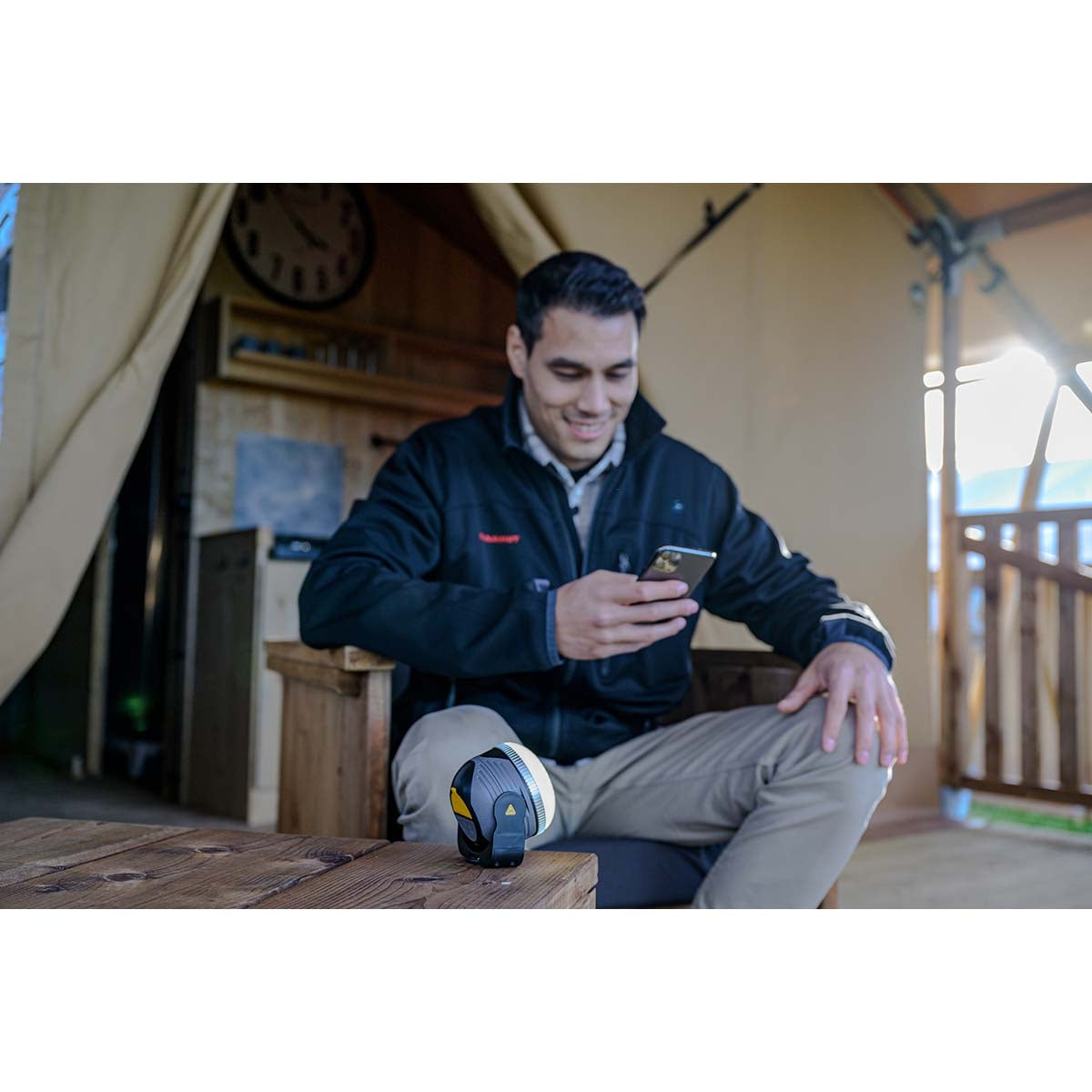 Rechargeable LED outdoor lamp OLI 310 AB with Bluetooth® speaker (Camping lamp with magnet and hook / Caravan lamp for outdoors with speaker 1x 3W, rechargeable and incl. USB power bank)