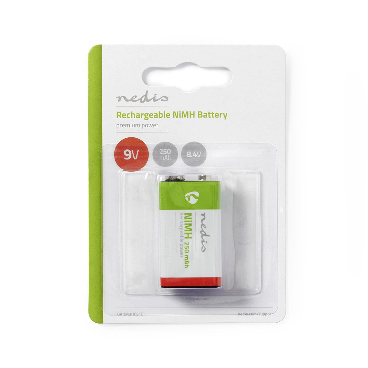 Rechargeable Ni-MH battery E-Block | 8.4 V DC | 250 mAh | Preloaded | 1-Blister | 6LR61 | Green / Red