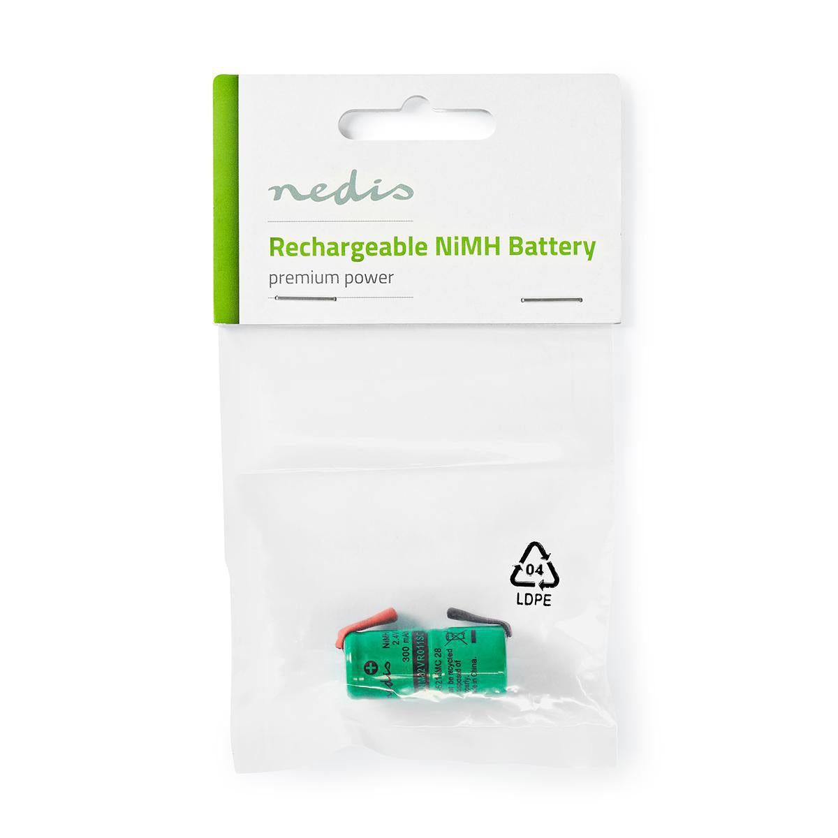 Rechargeable Ni-MH battery pack | 2.4 V DC | Rechargeable | 300 mAh | Preloaded | 1-Polybag | N/A | Solder tabs | Green