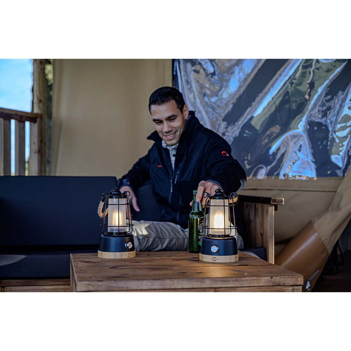 Rechargeable camping lamp CAL 1 with hemp rope and bamboo base (370 lm, IP44, burning time up to 75h, dimmable, adjustable light color)