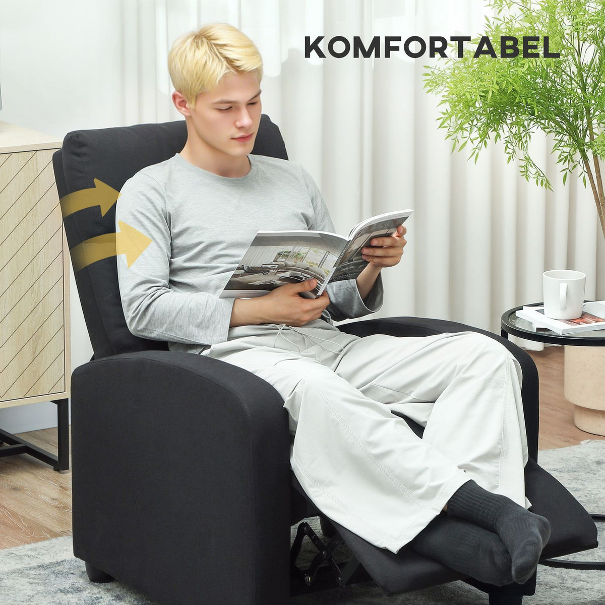 Recliner Chair, Adjustable 135°, Linen-Polyester, Black