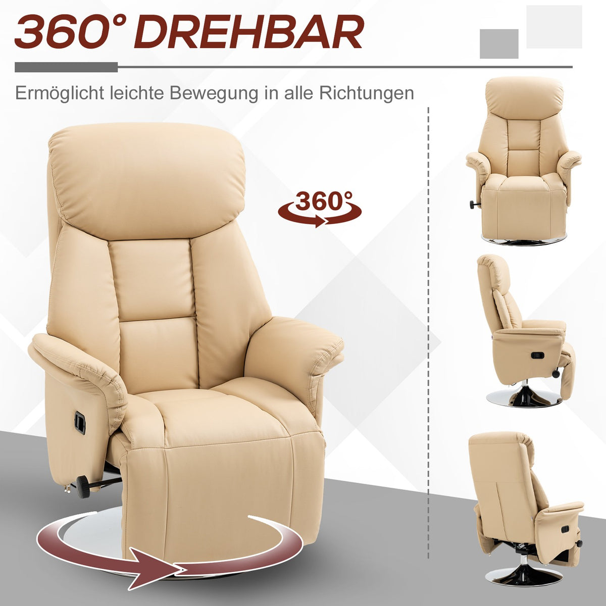 Recliner Chair, Faux Leather, 360° Swivel, Beige