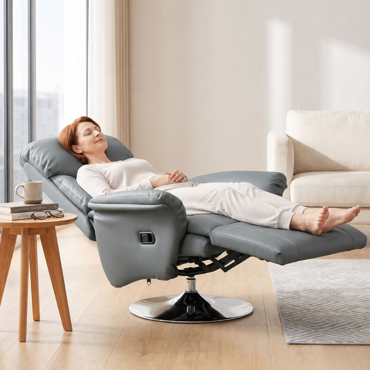 Recliner Chair, Grey Faux Leather, Adjustable Backrest