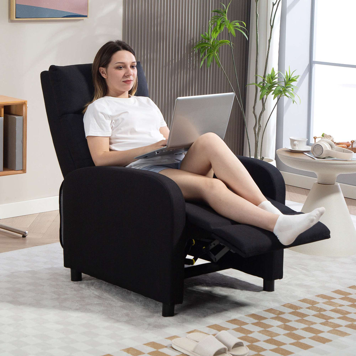 Recliner Chair, Linen-Look Fabric, Black, Adjustable to 155º