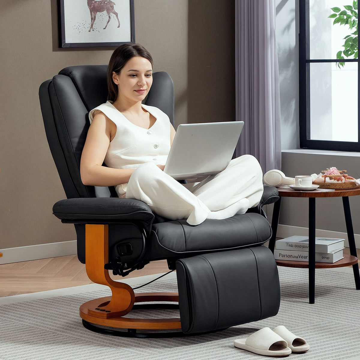 Recliner Chair with 360° Swivel, Faux Leather, Dark Grey