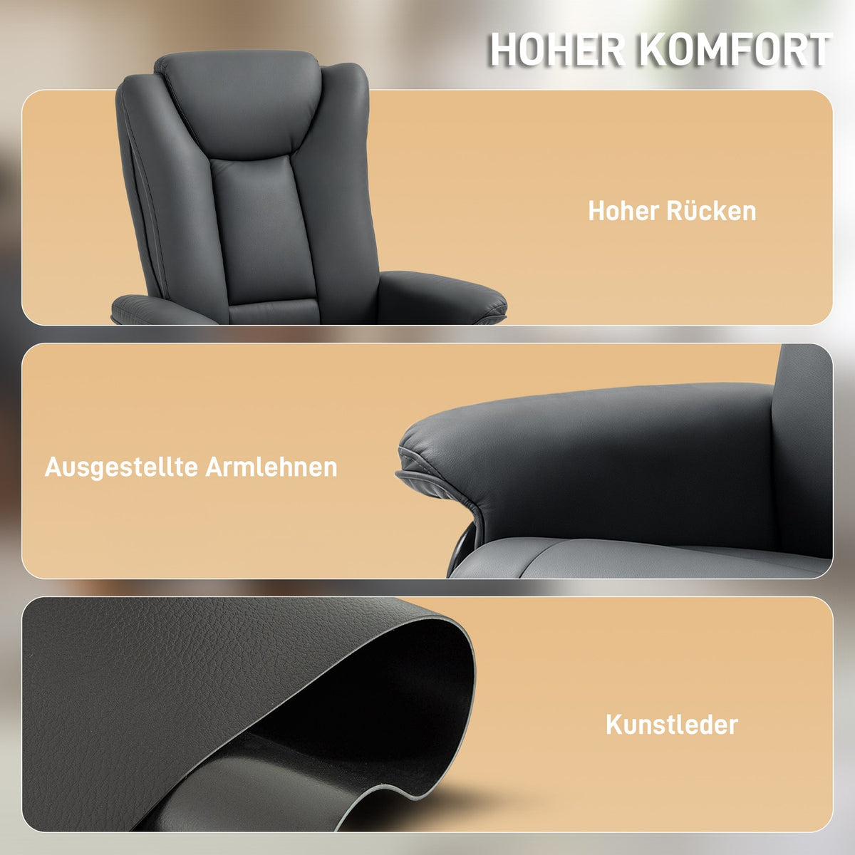 Recliner Chair with 360° Swivel, Faux Leather, Dark Grey