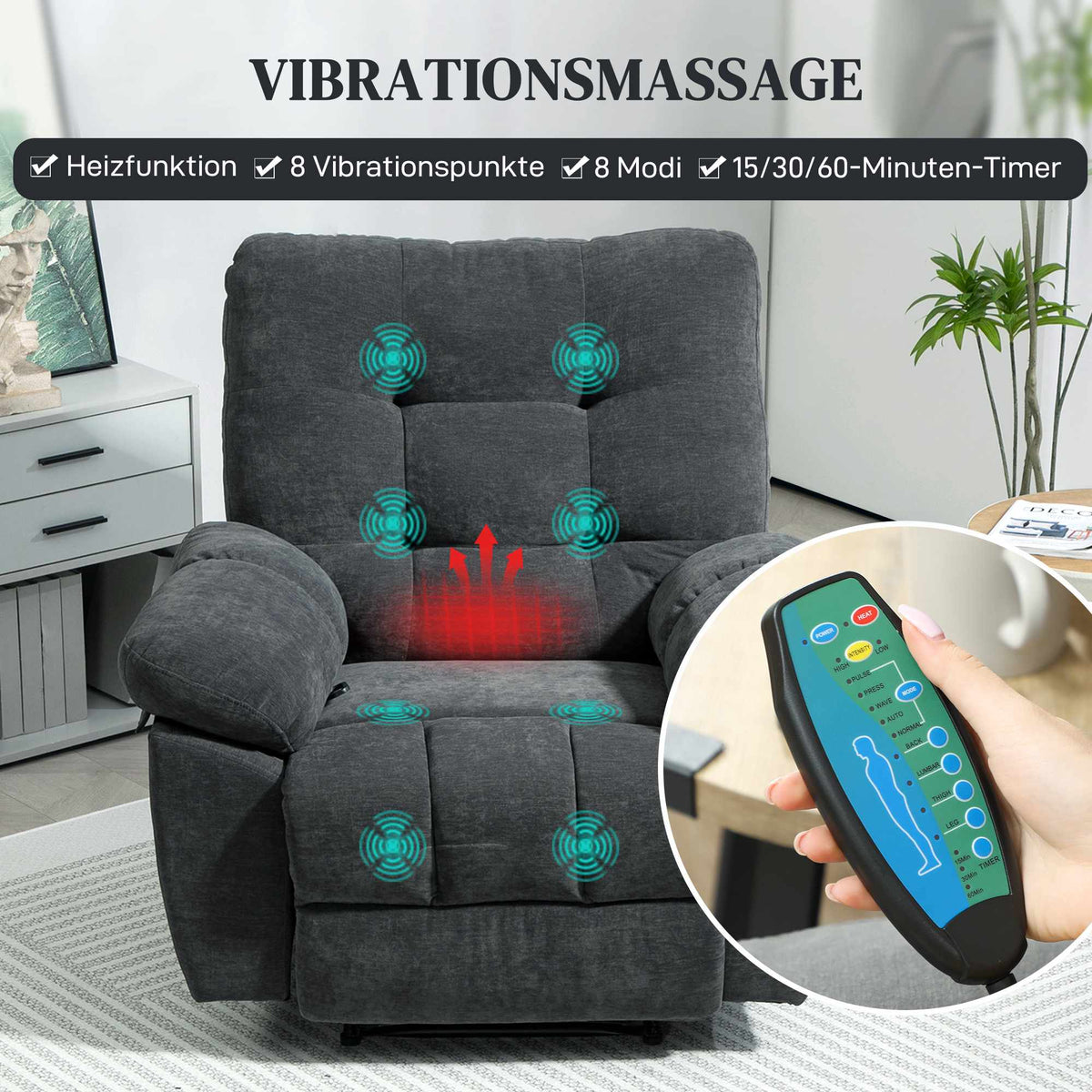 Recliner Chair with 8-Point Massage, Adjustable Footrest, Grey