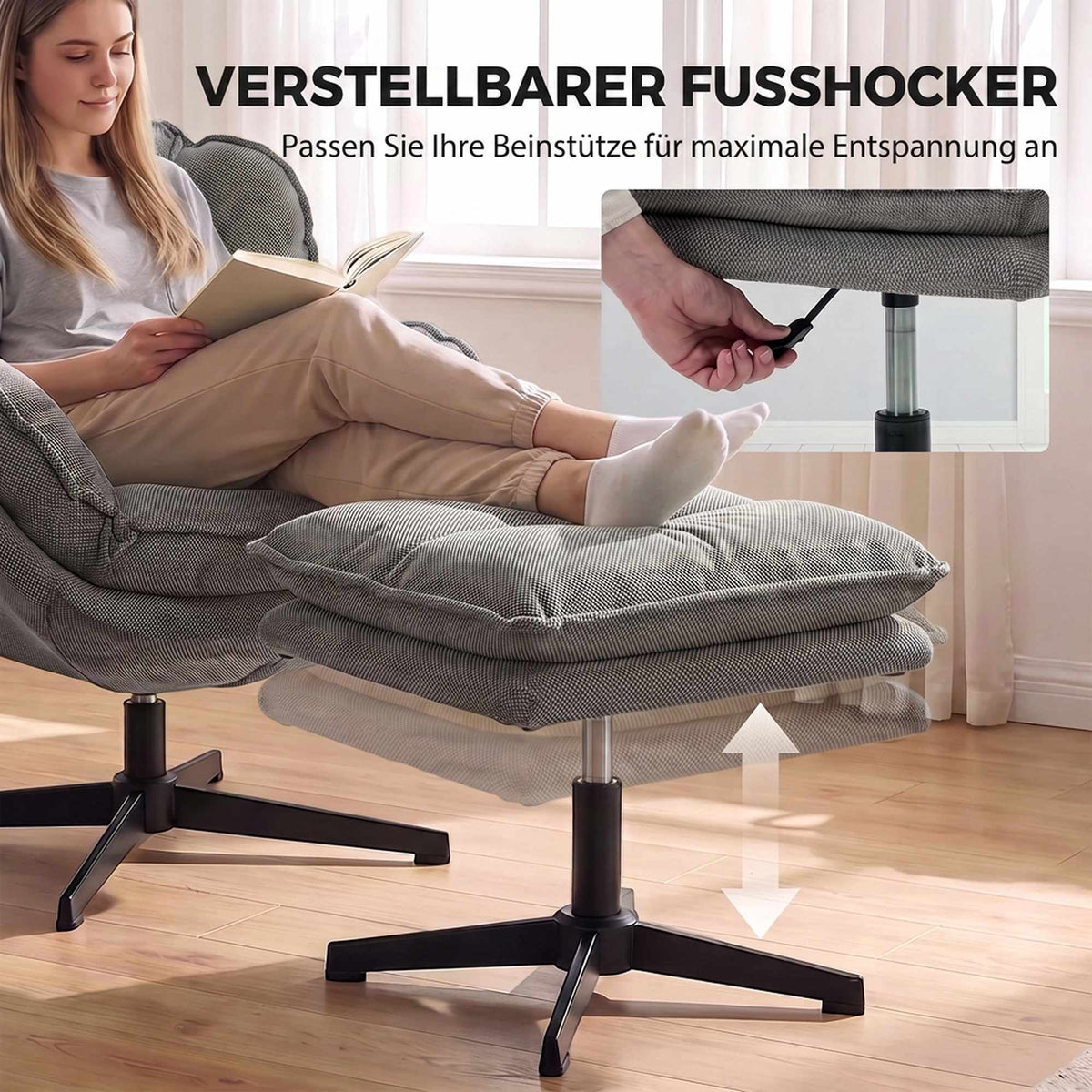 Recliner Chair with Adjustable Ottoman, 360 Swivel, Grey Chenille