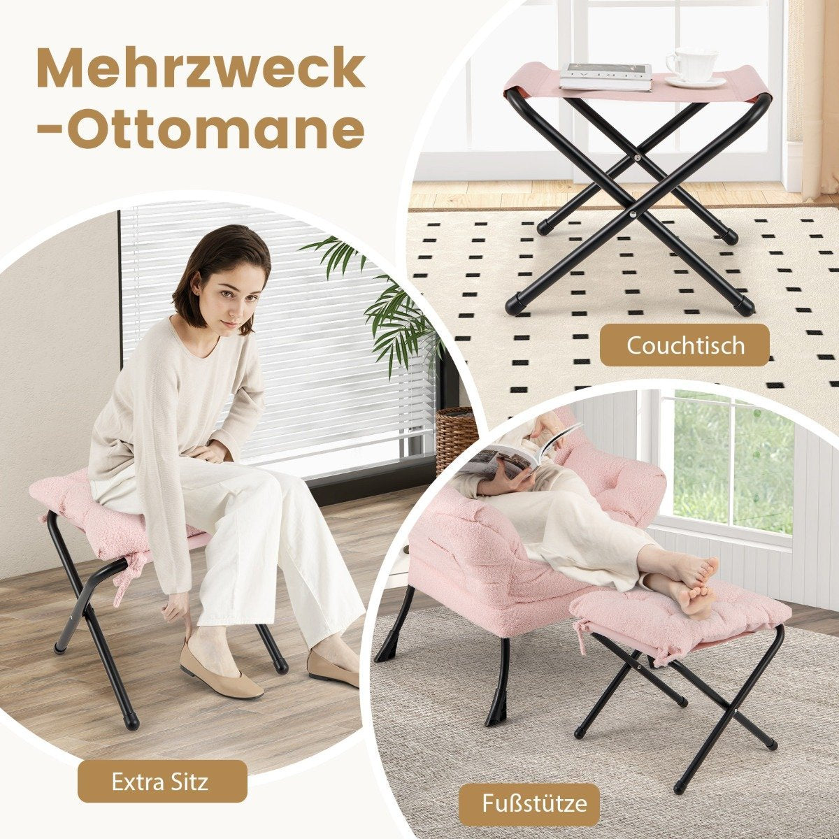 Recliner Chair with Armrests, Side Pocket, Ottoman – Pink