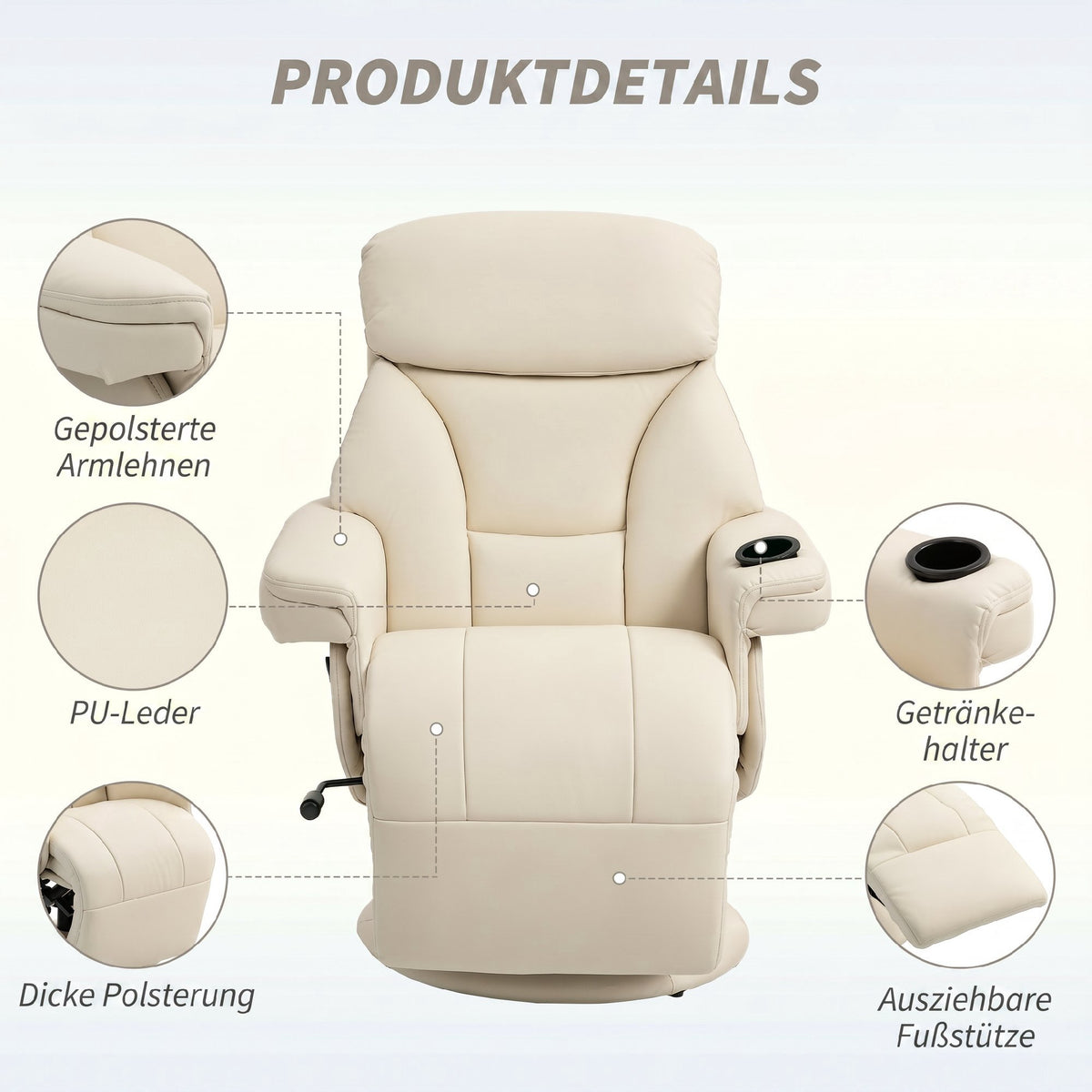 Recliner Chair with Cup Holder and Side Pocket, Cream PU Leather