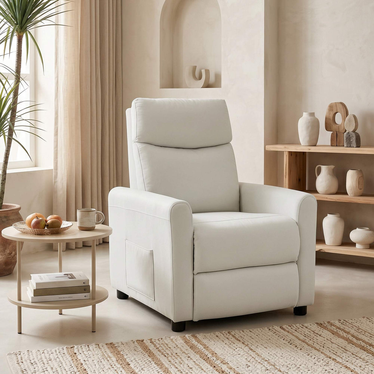 Recliner Chair with Footrest, Linen Fabric, Cream White