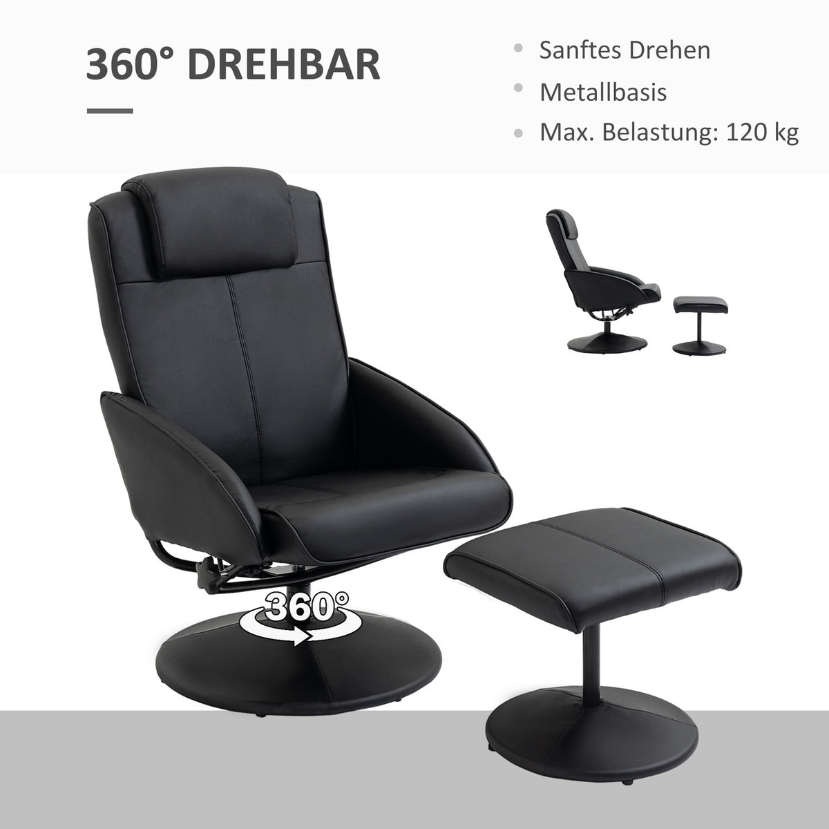 Recliner Chair with Ottoman, Faux Leather, Black, Adjustable
