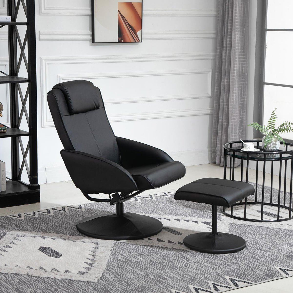 Recliner Chair with Ottoman, Faux Leather, Black, Adjustable