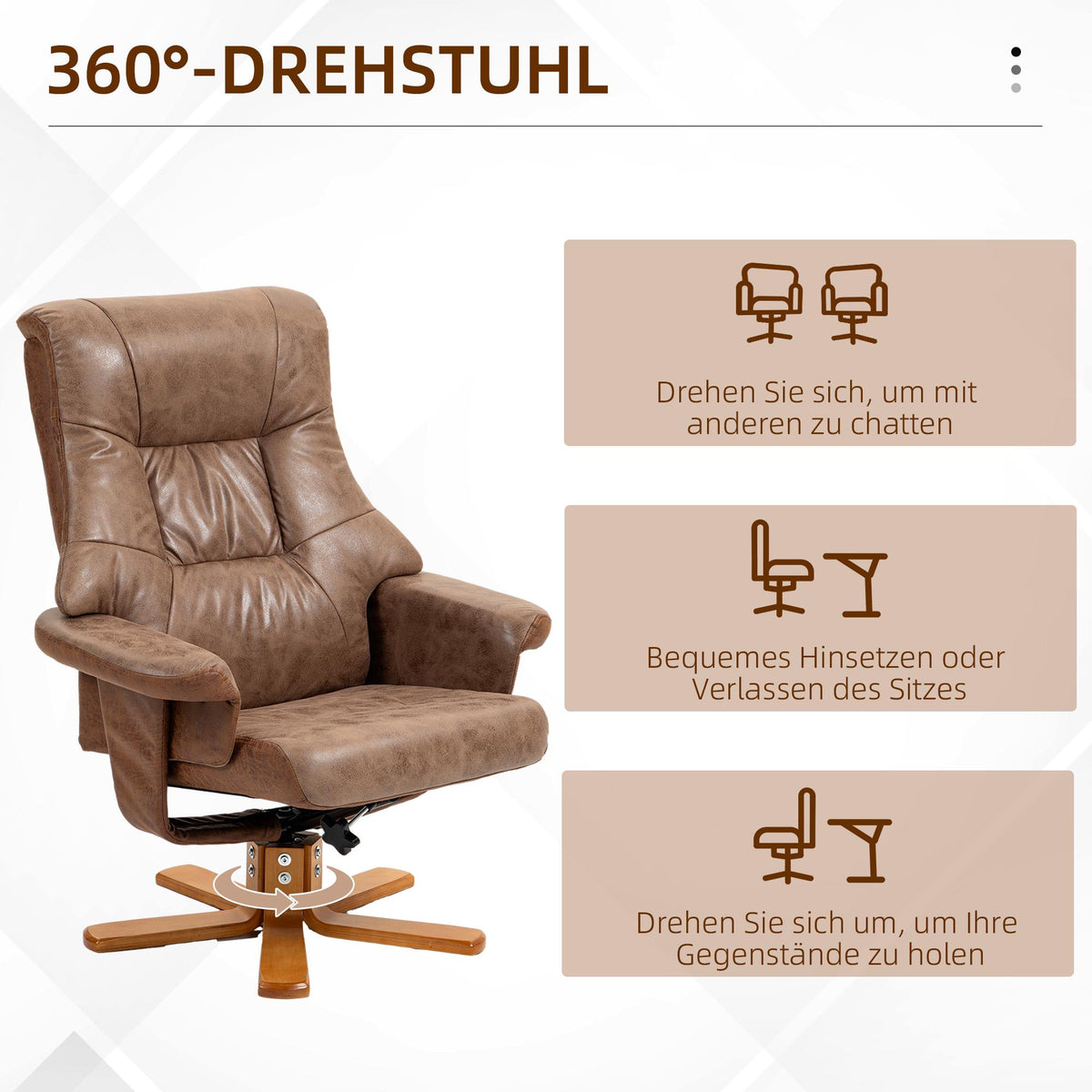 Recliner Chair with Ottoman, Swivel, Reclines 135, Brown