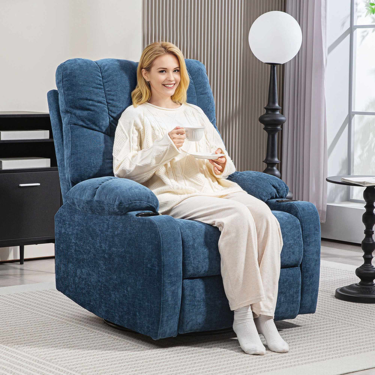 Recliner Chair with Swivel and Rocking Function, Dark Blue