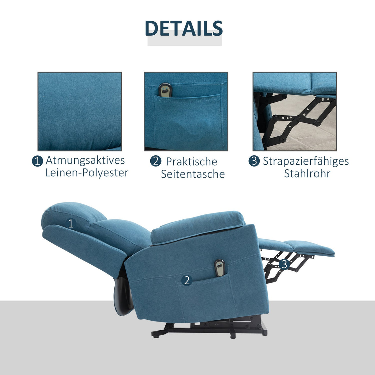 Recliner Electric Tv Chair With Stand-Up Aid For Seniors, Reclining And Sleeping Function, Linen Look, Blue, 83X89X102Cm