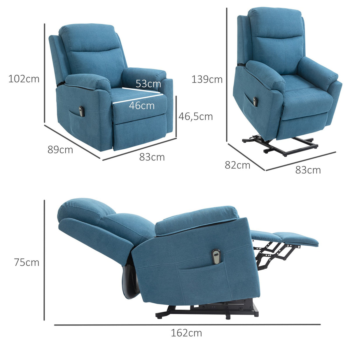 Recliner Electric Tv Chair With Stand-Up Aid For Seniors, Reclining And Sleeping Function, Linen Look, Blue, 83X89X102Cm