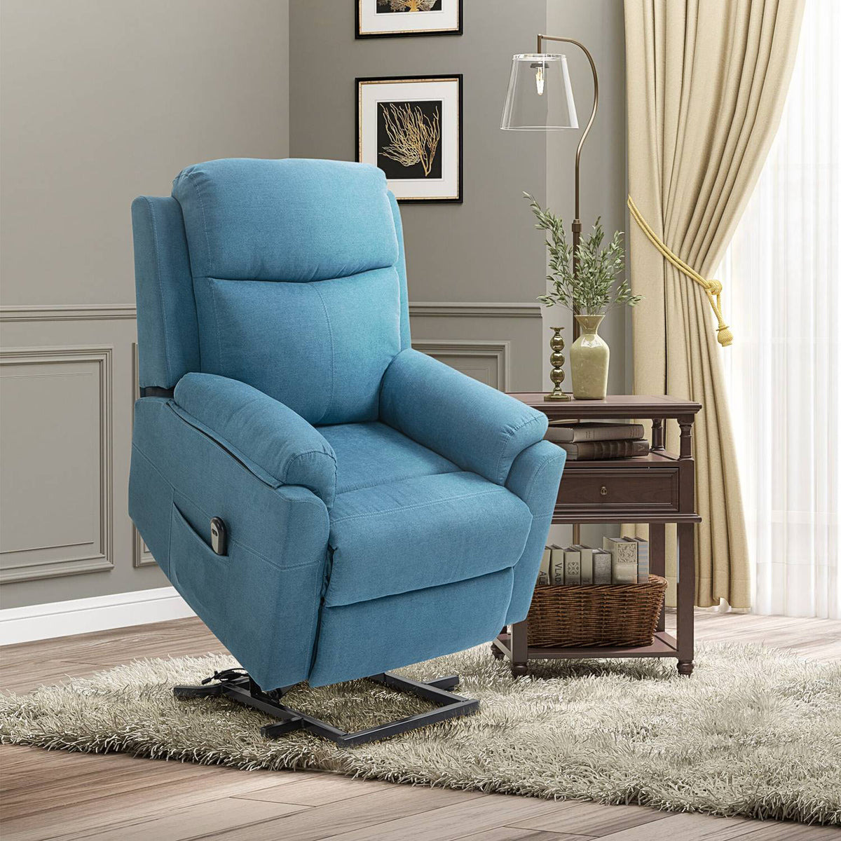Recliner Electric Tv Chair With Stand-Up Aid For Seniors, Reclining And Sleeping Function, Linen Look, Blue, 83X89X102Cm