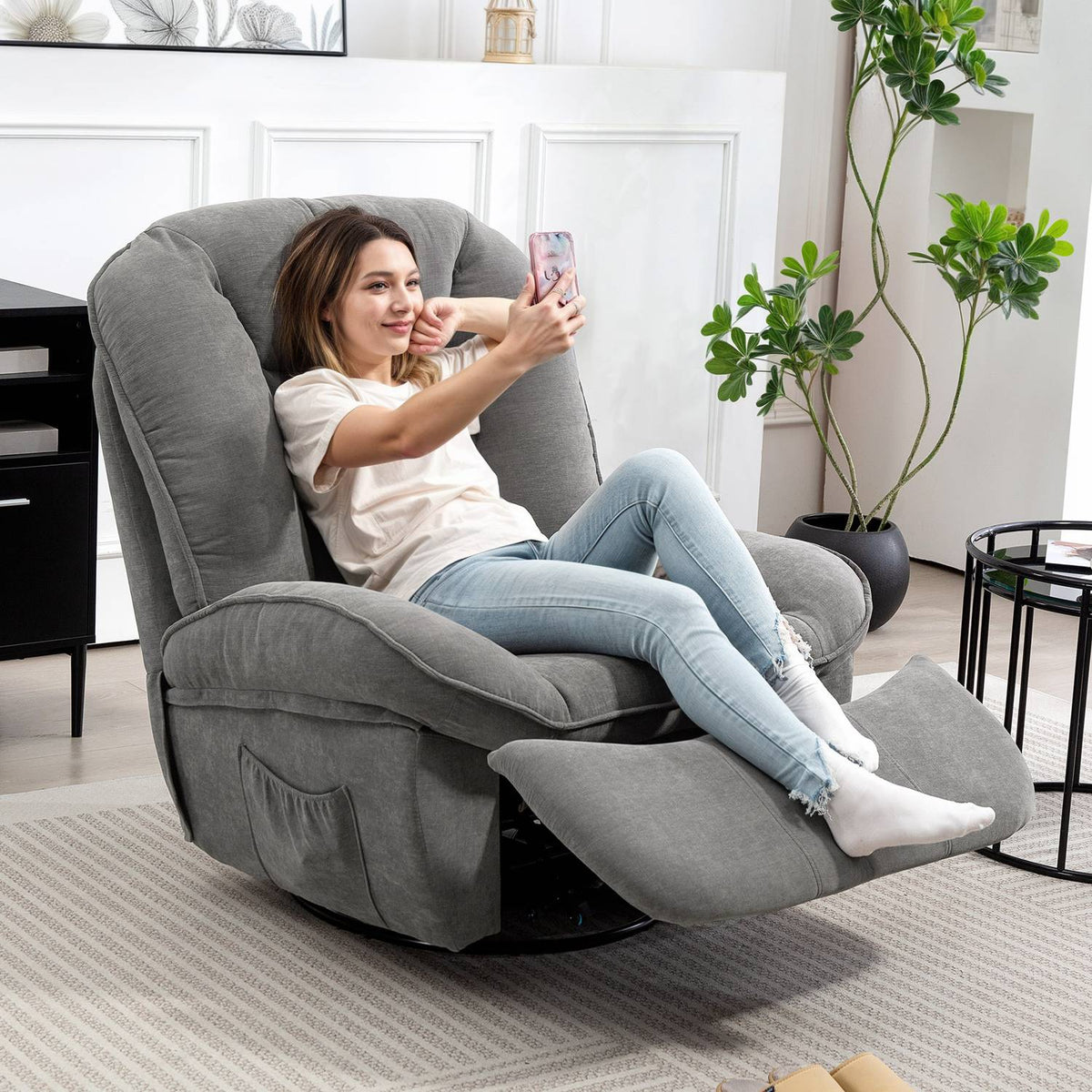 Recliner chair, TV chair with reclining function, rocking function, swivel TV chair with footrest, grey