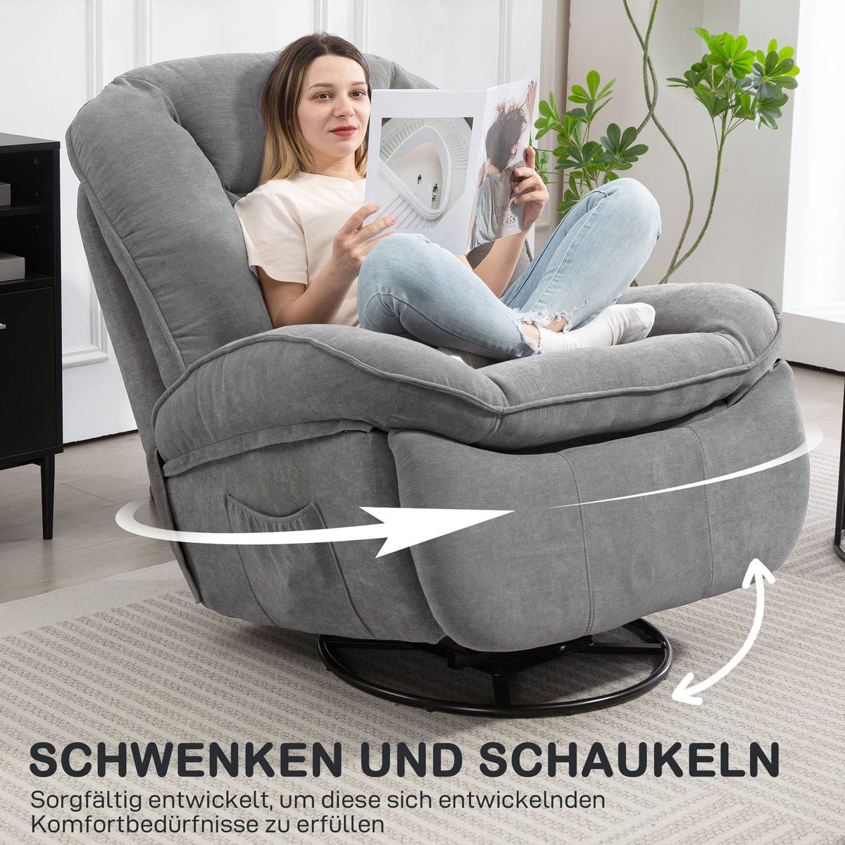 Recliner chair, TV chair with reclining function, rocking function, swivel TV chair with footrest, grey