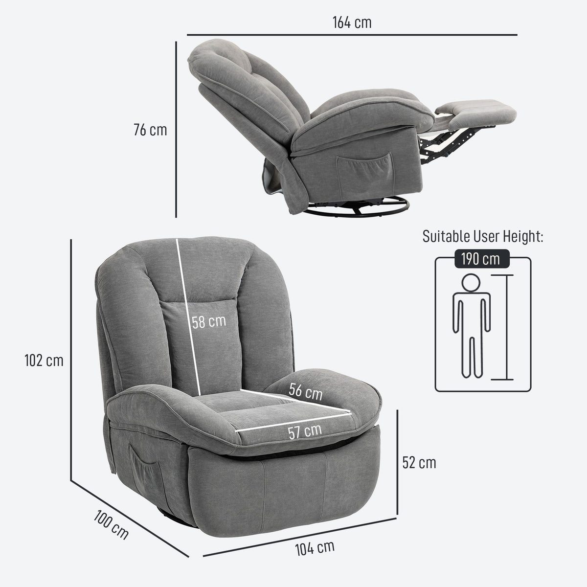 Recliner chair, TV chair with reclining function, rocking function, swivel TV chair with footrest, grey