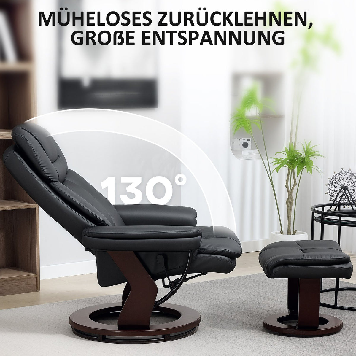 Recliner chair with footstool, adjustable chair, faux leather cover, upholstered chair with folding backrest, black