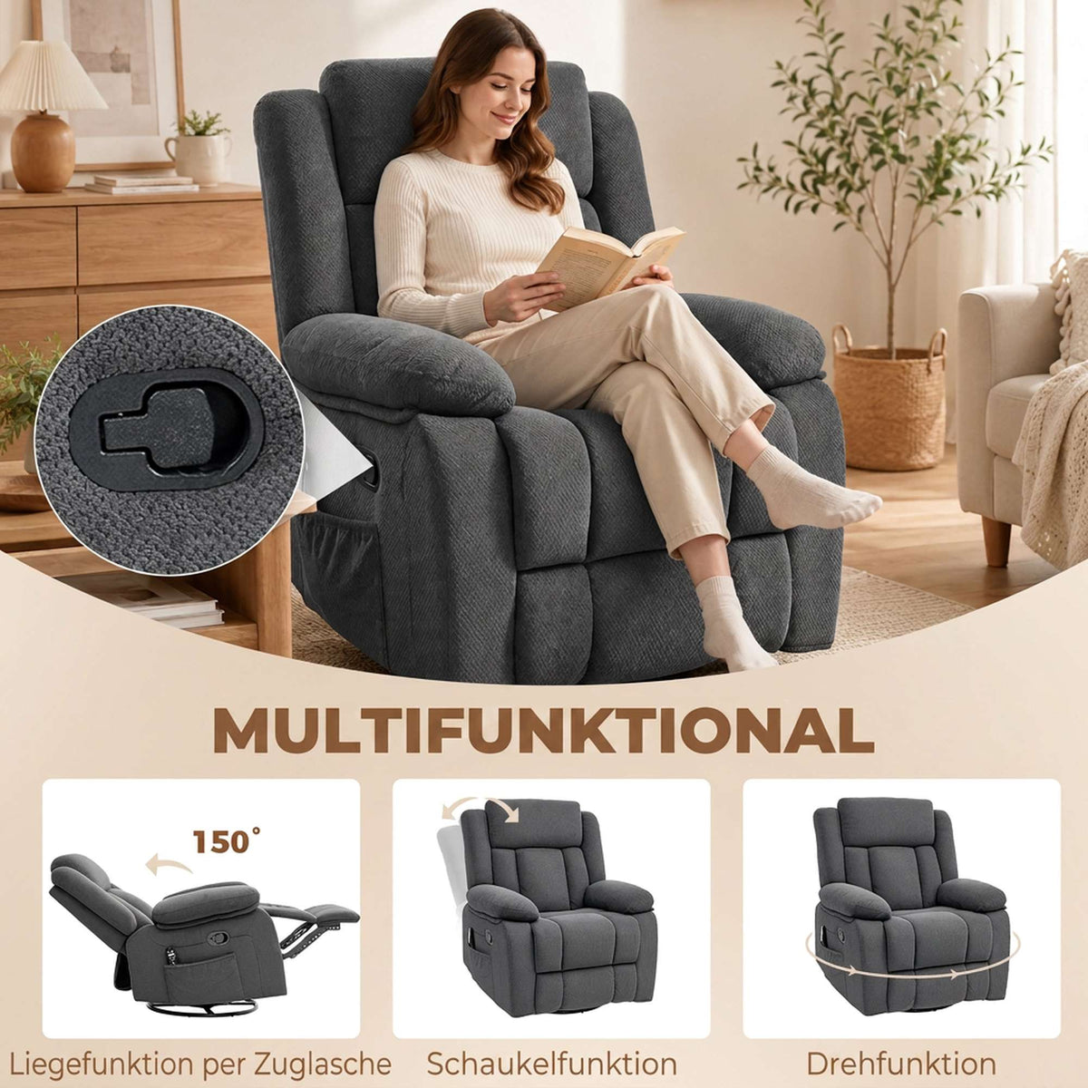 Recliner with Massage, Heat, Swivel, Rocking – Grey Velvet
